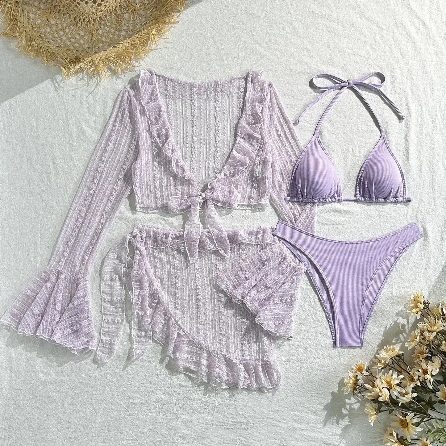 Heatwave” Four-Piece Bikini Set – Mesh Cover-Up, Slimming Swimsuit & Beachwear Ensemble Majesty Me Streetwear™