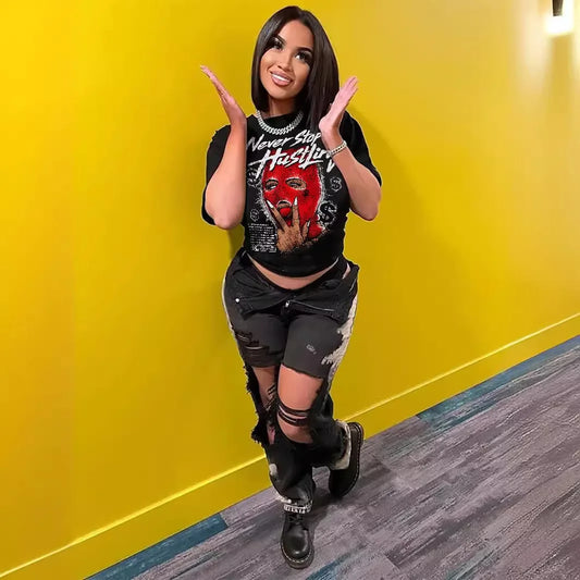 Peeqi B6k2547 New Casual Trendy Women's Cotton Tops Cartoon Print Short Sleeve T-shirts Plus Size Street Wear Women's Tees Majesty Me