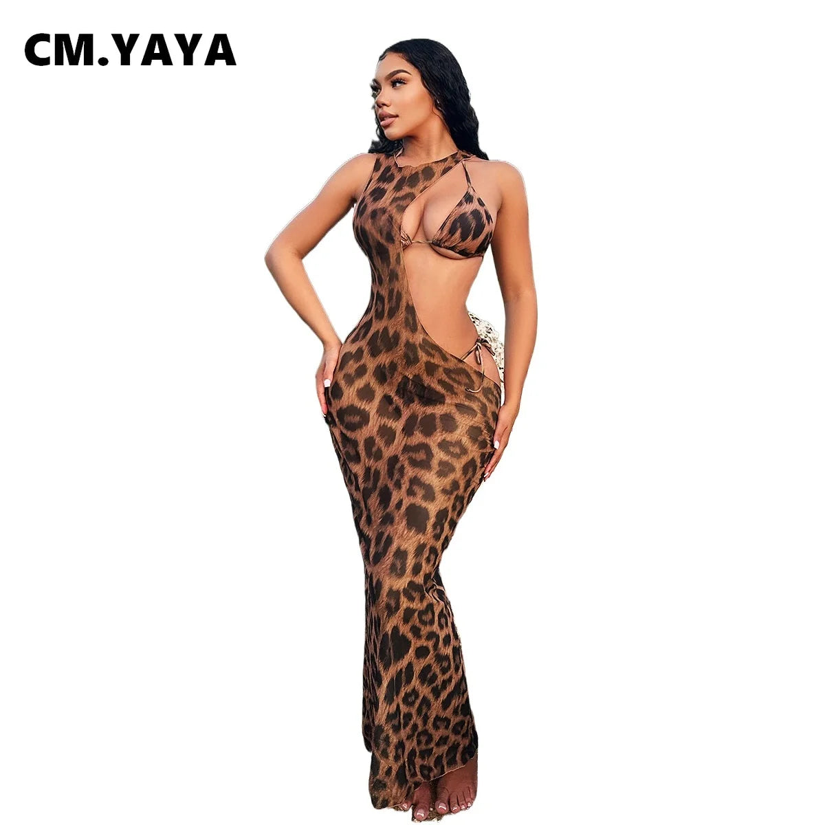 CM.YAYA Women Beach Bikini Set with Cutout Leopard Printed Sexy Long Bodycon Swimsuit Three 2 Piece Set Swimwear Bathing Suit Majesty Me
