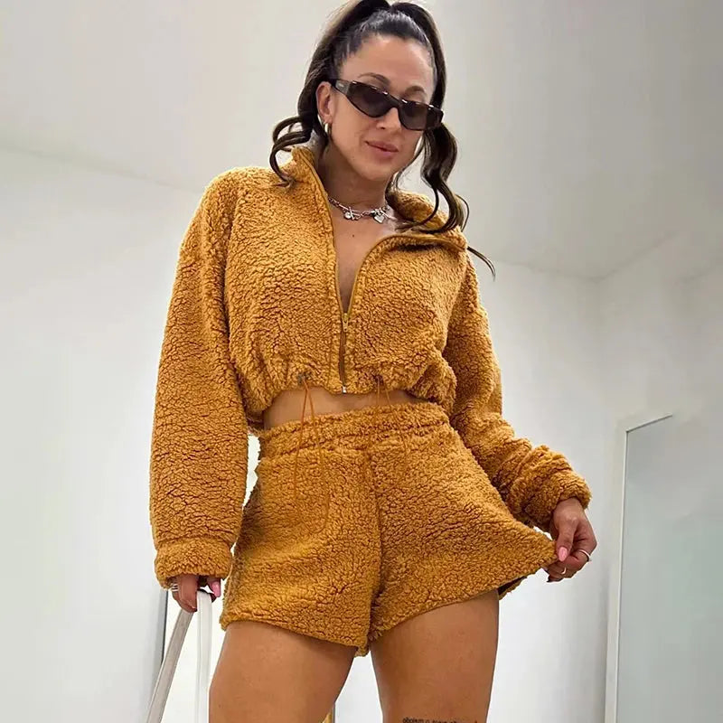 “Cozy Royalty” Velvet Lounge Set – Teddy Crop Top + High-Waist Shorts Two-Piece Majesty Me Streetwear™