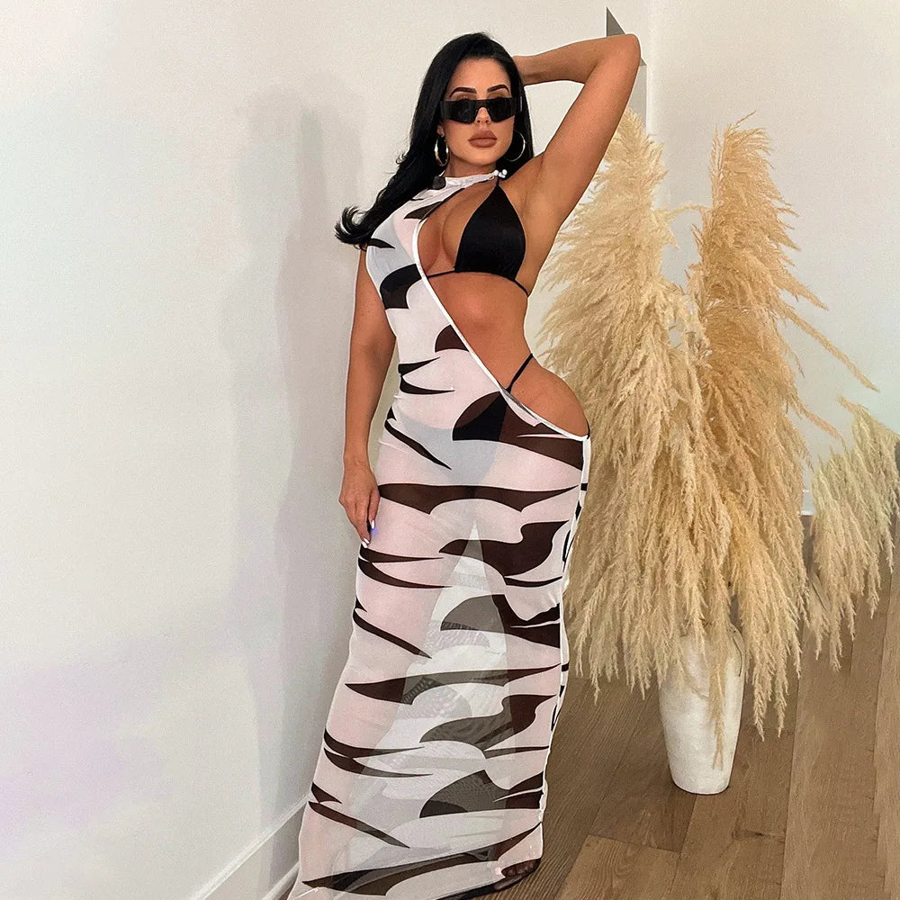 Fashion Print Slim Dress Bikini Three Piece Set Women Sexy Hollow Out Package Hip Bodycon Mesh Dresses Sets Trendy Lady Clothing Majesty Me