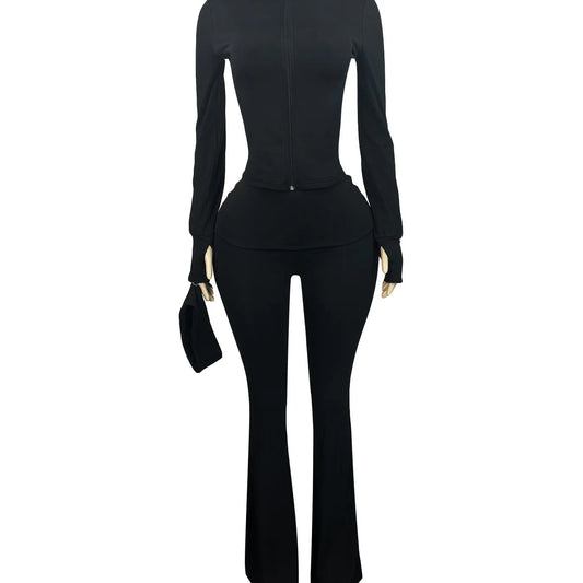 Women Two Pieces Pant Sets Solid Matching Sets Zipper Long Sleeves Stand Collar Top Elastic Waist Full Length Pants 2026 Autumn Majesty Me