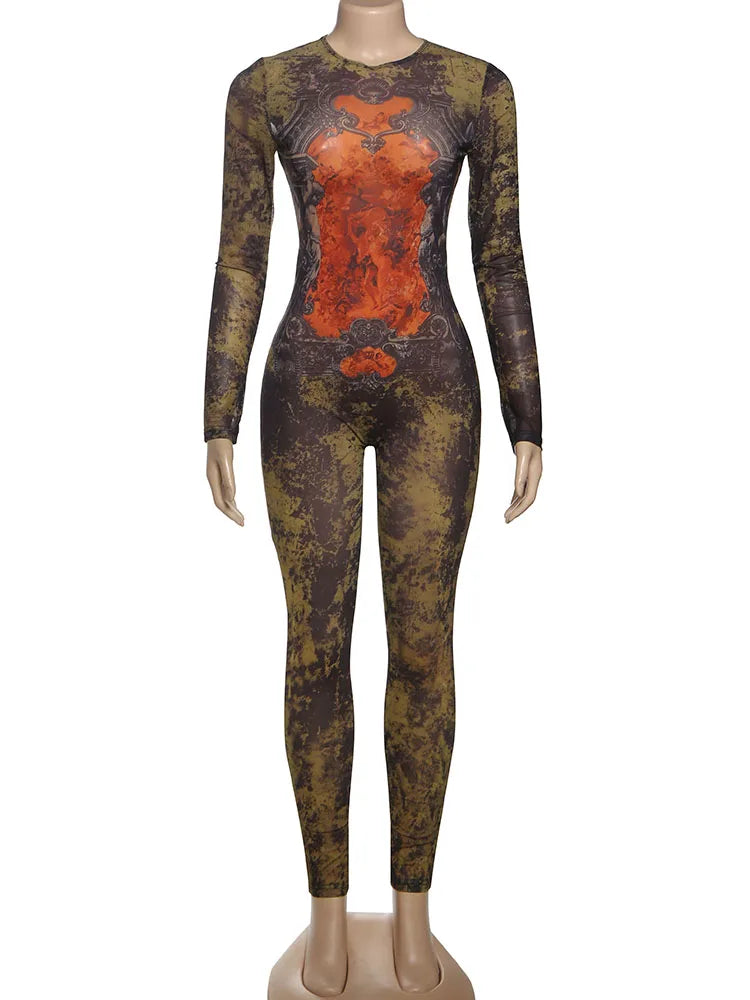 Weird Puss Sexy Fitness Jumpsuit Women Tie-Dye Print o-Neck Full Sleeve Skinny Streetwear Autumn Zip Slim Stretch Tight Overalls Majesty Me