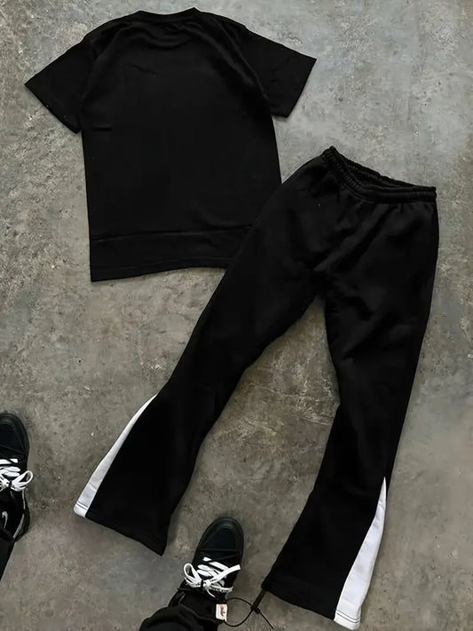 Men's Fashionable and Trendy Street Micro-flare Pants Set with Bold Color-blocking and Gothic Cross and Alphabet Prints Majesty Me