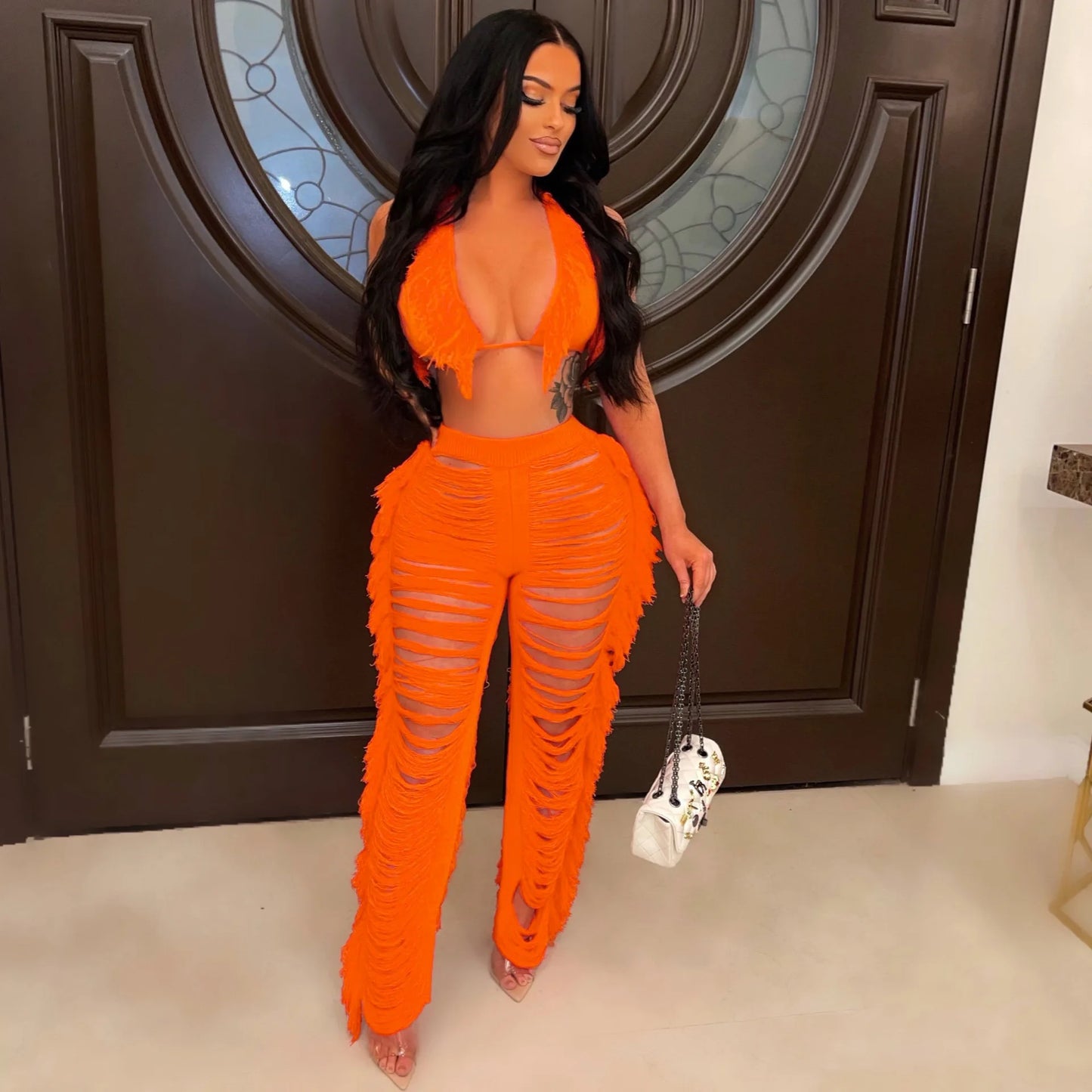 Sexy Women 2025 Knitted Set Two Piece Set Halter Backless Bra Crop Top Pants Crocheted 2 Pieces Set Hollow Out Crochet Beach Set Majesty Me