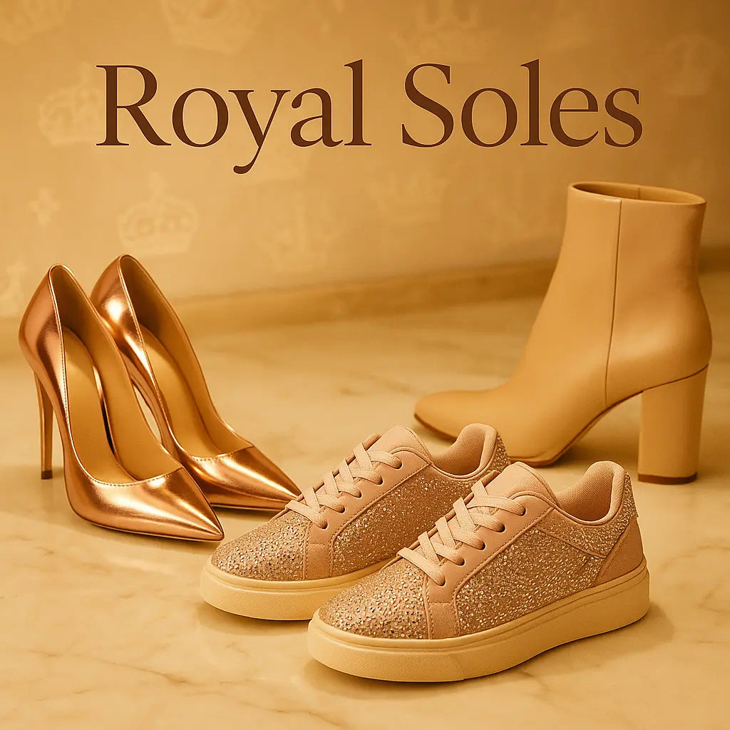 Luxury blush and gold footwear display featuring rose-gold heels, rhinestone sneakers, and nude boots from the Royal Soles collection by Majesty Me Streetwear.
