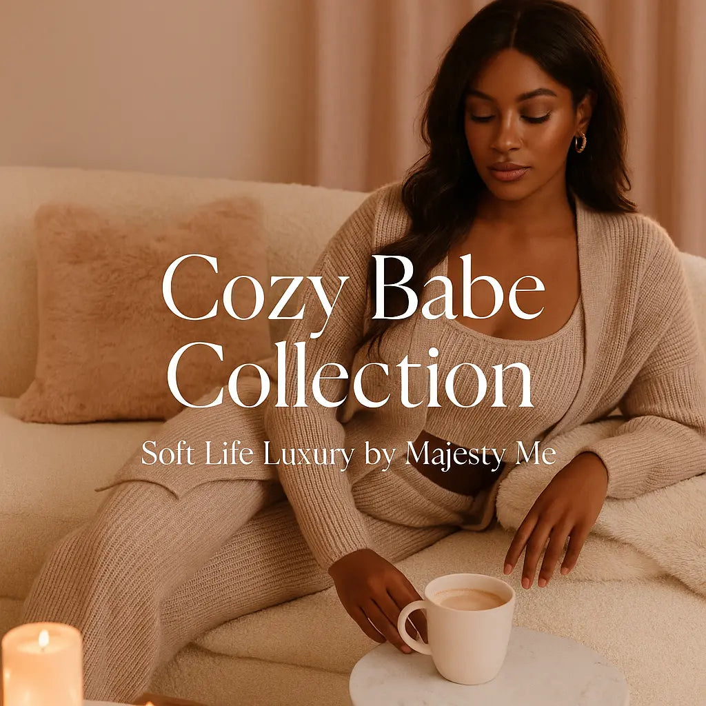 Luxury cozy fashion flat lay featuring soft knit sweaters, neutral loungewear sets, and blush-toned accessories from the Cozy Babe Collection by Majesty Me Streetwear.