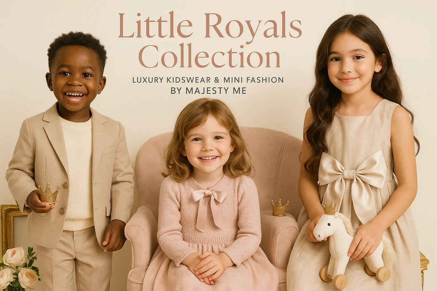 Cute fashion image showing stylish children’s streetwear in neutral tones with cozy materials from Majesty Me’s Kids Collection.