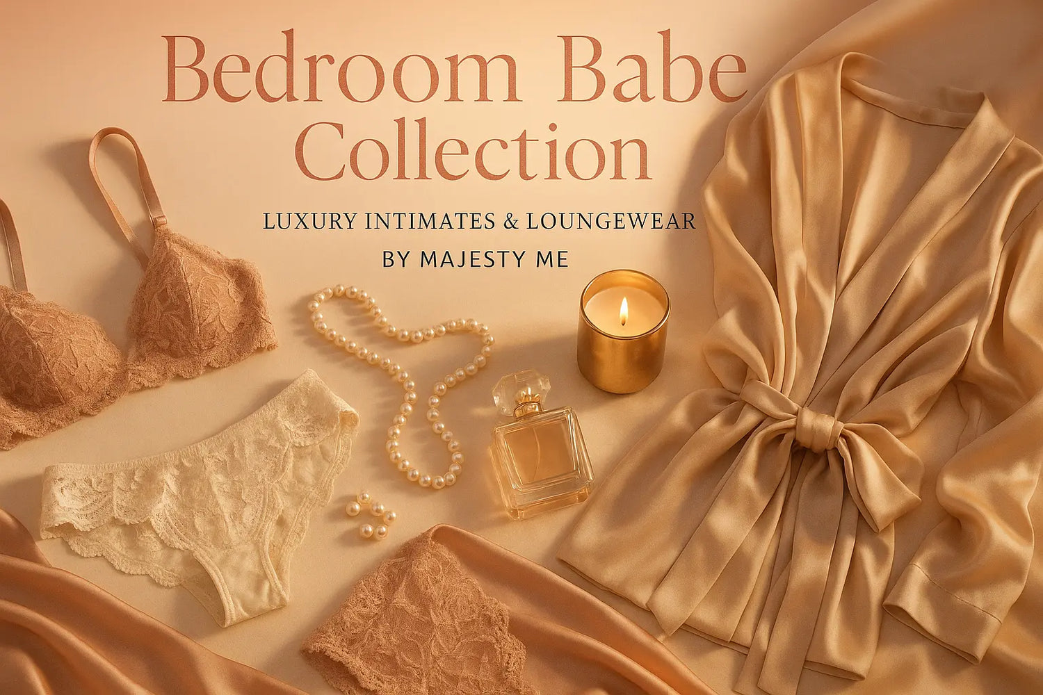 Soft-life luxury loungewear and satin sleepwear in blush and ivory tones from Majesty Me’s Bedroom Babe Collection.