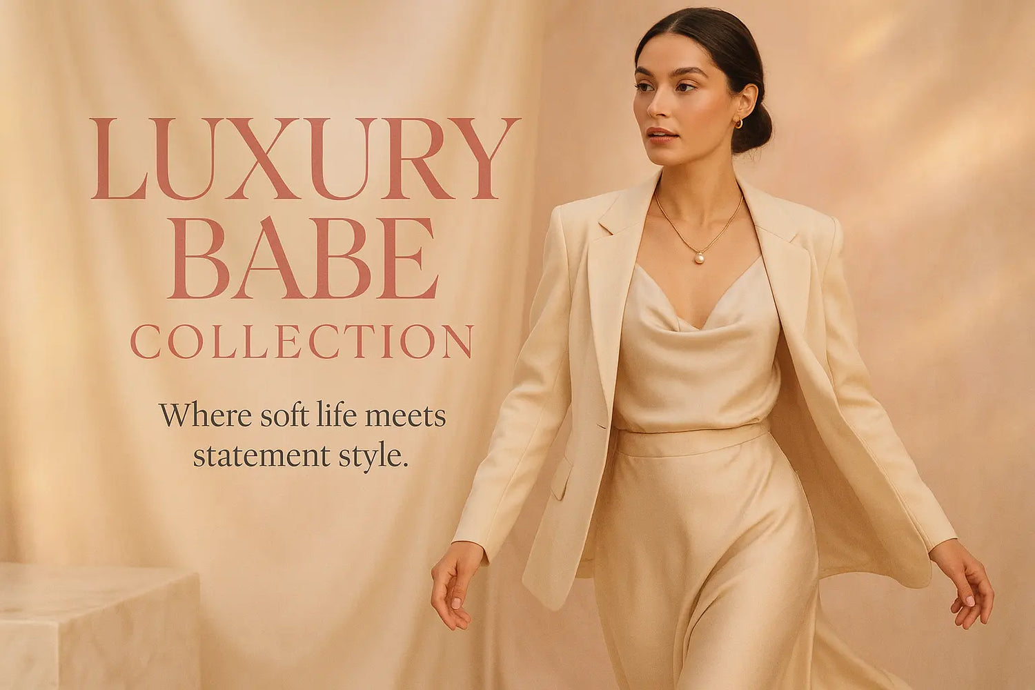 Luxury fashion editorial featuring satin dresses, rhinestone tops, and blush-toned streetwear from Majesty Me’s Luxury Babe Collection.
