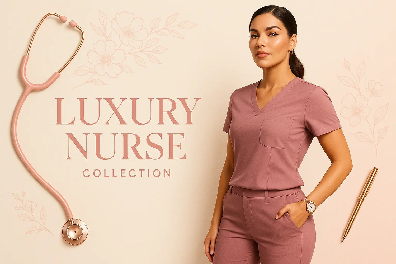 Luxury medical-inspired fashion featuring stylish scrubs, fitted uniforms, and blush-toned streetwear from Majesty Me’s Nurse Babe Collection.