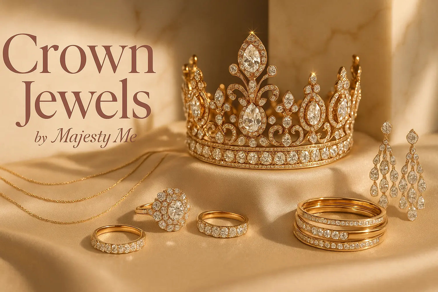 Luxury fashion image featuring glittering statement jewelry, embellished clothing, and golden tones from Majesty Me’s Crown Jewels Babe Collection.