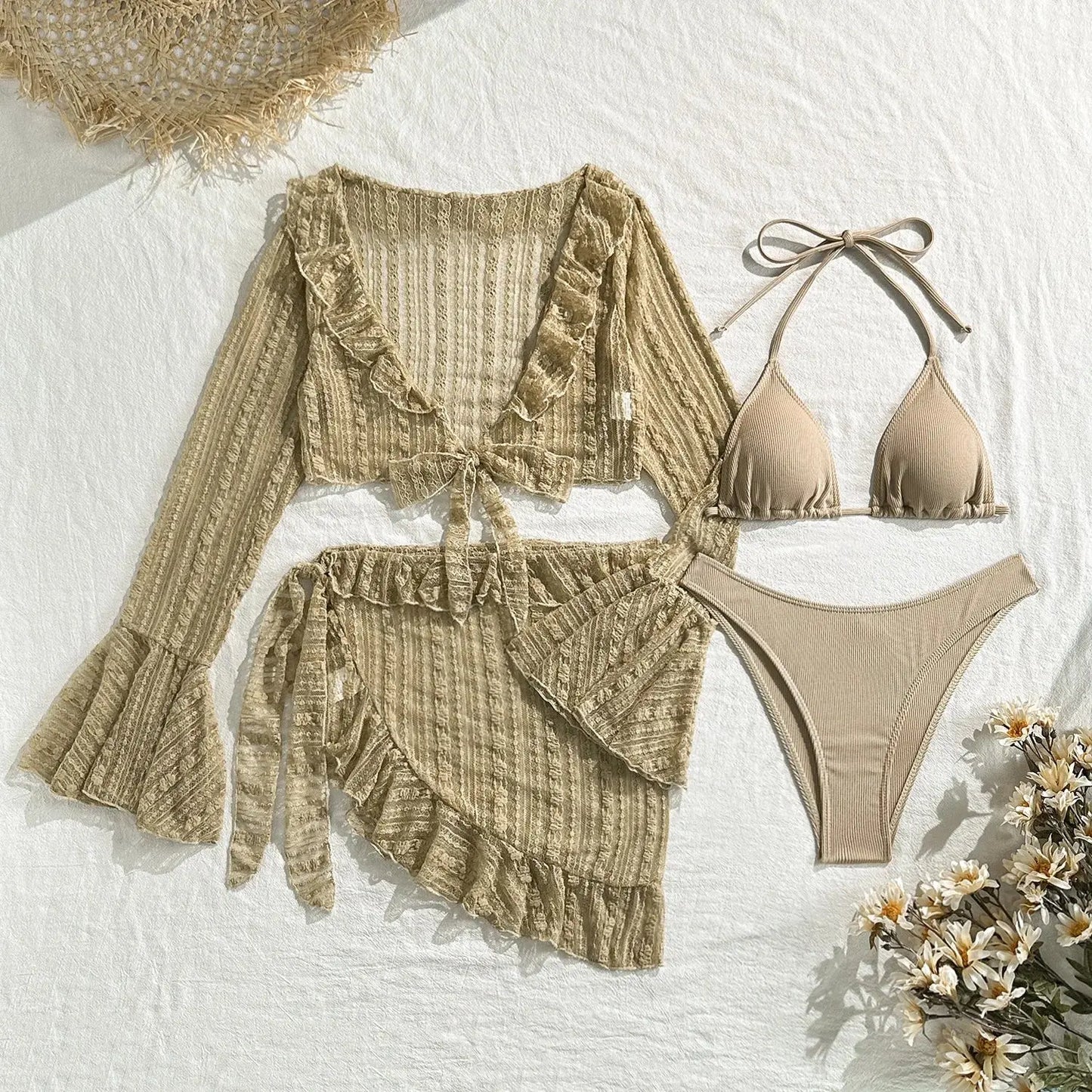 Heatwave” Four-Piece Bikini Set – Mesh Cover-Up, Slimming Swimsuit & Beachwear Ensemble Majesty Me Streetwear™