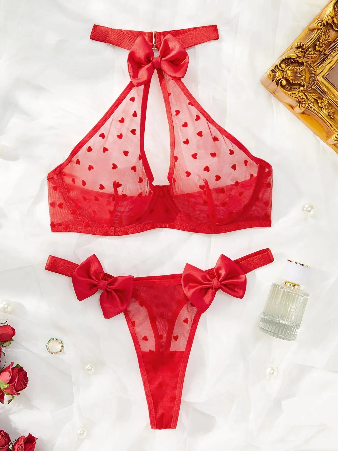 Red Love Mesh Lingerie Set – Women’s Two-Piece Sheer Bow Detail Underwear | Sexy Transparent Lace Set Majesty Me Streetwear™