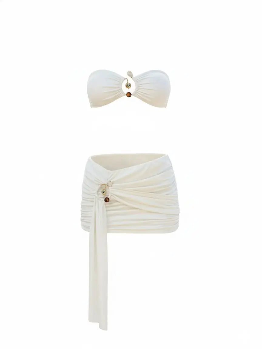 Elegant Women's White Solid 3-Piece Bikini Set Sexy Strapless Bandeau Crop Top High Waist Ruched Mini Skirt 2026 Trajes De Bano Majesty Me