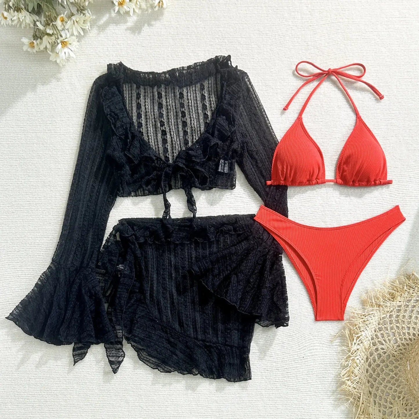 Heatwave” Four-Piece Bikini Set – Mesh Cover-Up, Slimming Swimsuit & Beachwear Ensemble Majesty Me Streetwear™