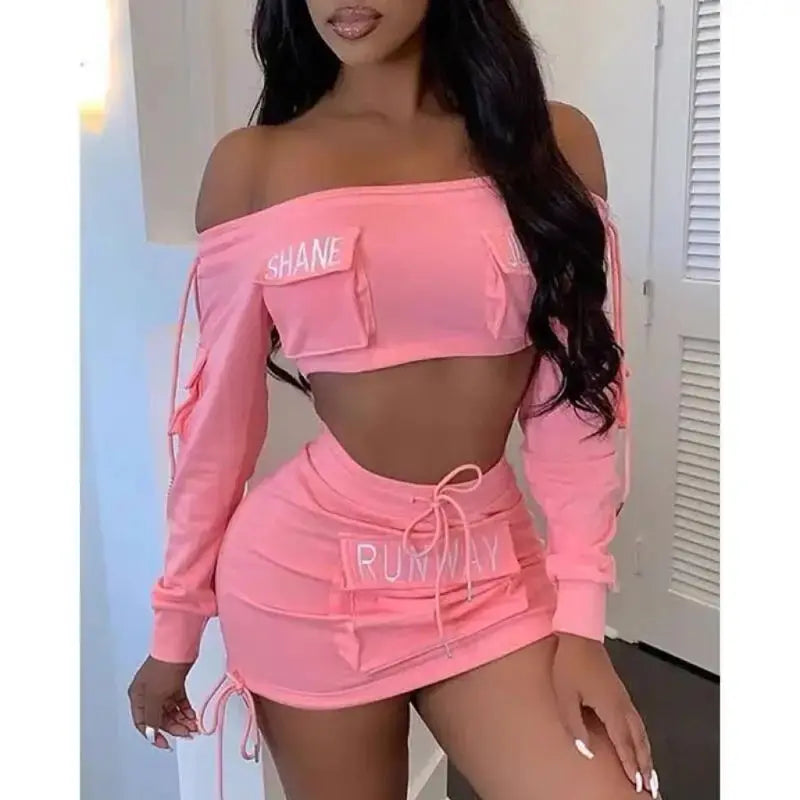 Y2K Pink Letter Print Two-Piece Set – Off-Shoulder Crop Top & Drawstring Pocket Skirt | Sexy Streetwear Matching Outfit Majesty Me Streetwear™