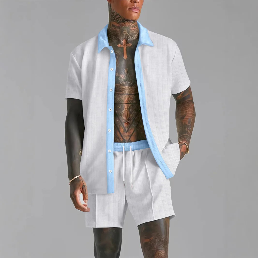 Summer Men's casual suit patchwork transparent lapel short-sleeved shirt & Shorts Stylish and comfortable two-piece streetwear Majesty Me