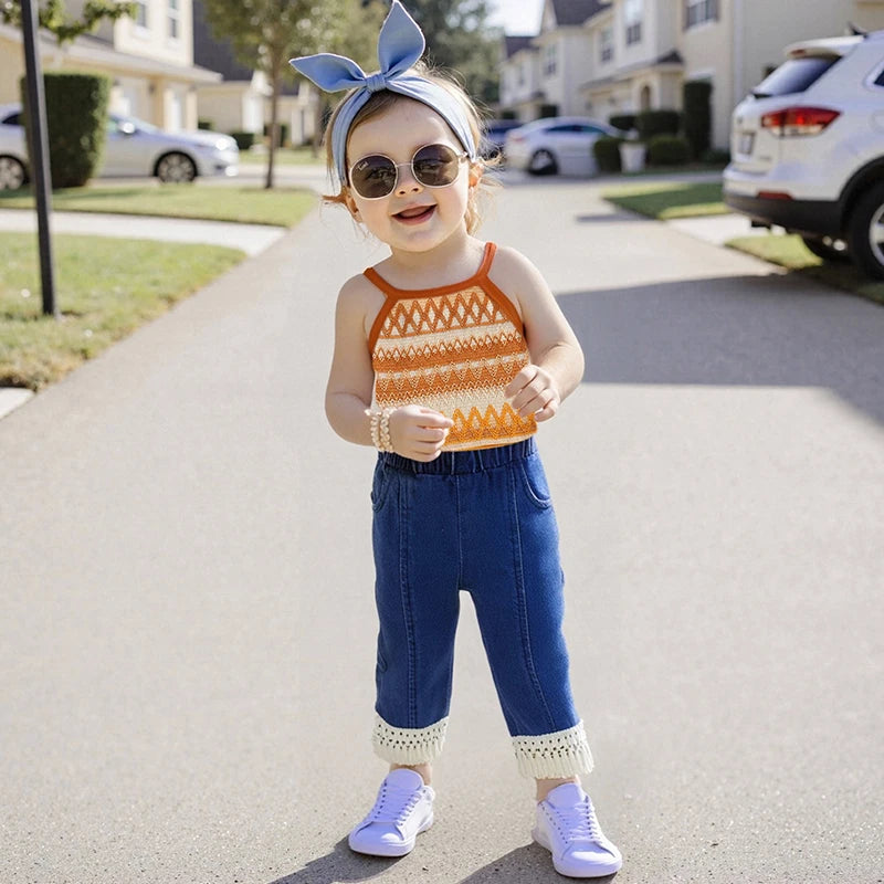 Girls Sleeveless Knit Top and Elastic Waist Tassel Jeans Set Summer Outfit with Camisole for Kids Majesty Me