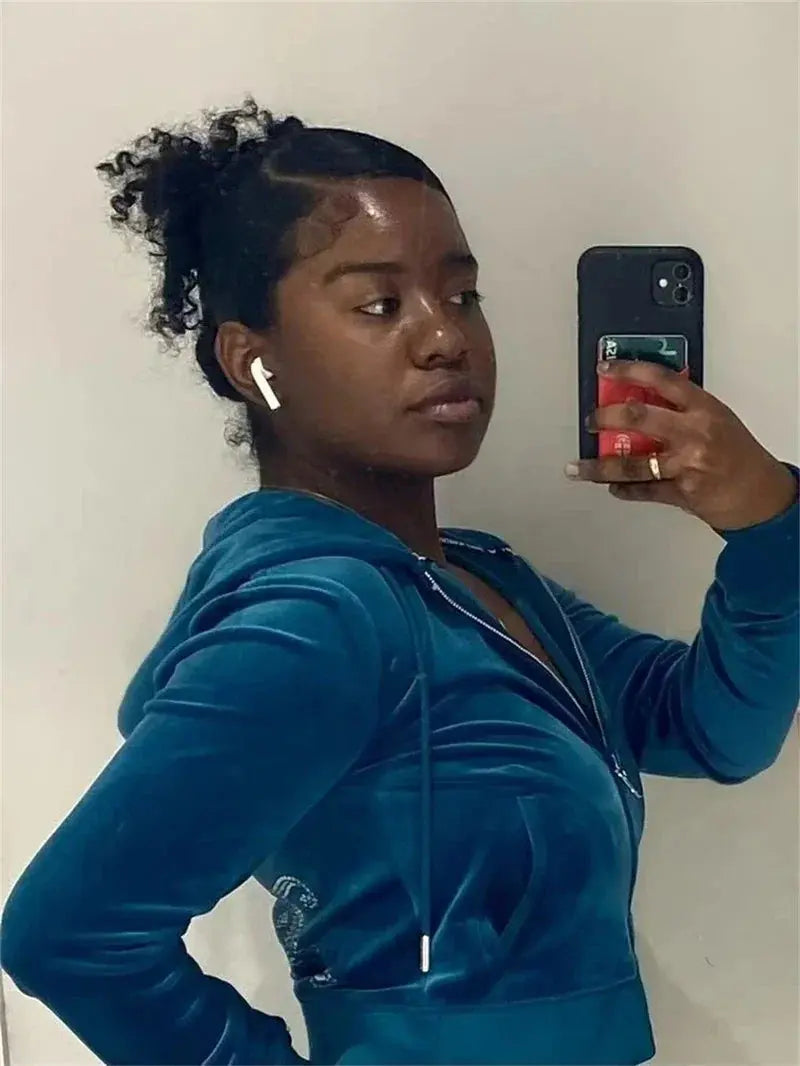 Jay Cee Velvet Crown Tracksuit – 2025 Spring Fall Women’s 2-Piece Set | Elegant Velour Sweatsuit with Royal Detailing Majesty Me