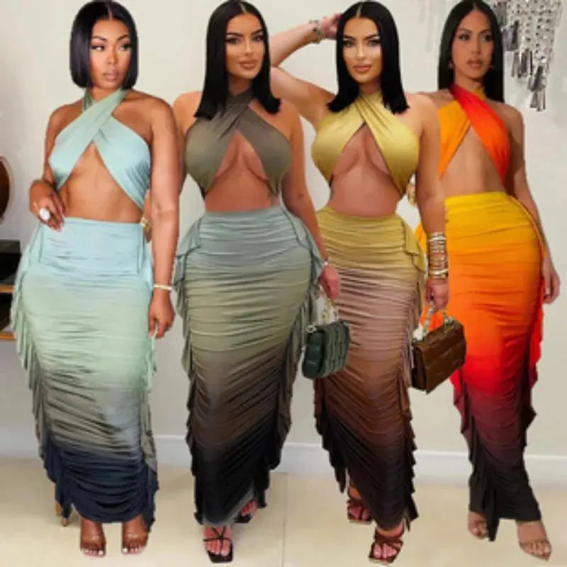 Tropical Goddess” Two-Piece Set – Halter Neck Crop Top & Tie-Dye Ruched Maxi Skirt Majesty Me Streetwear™