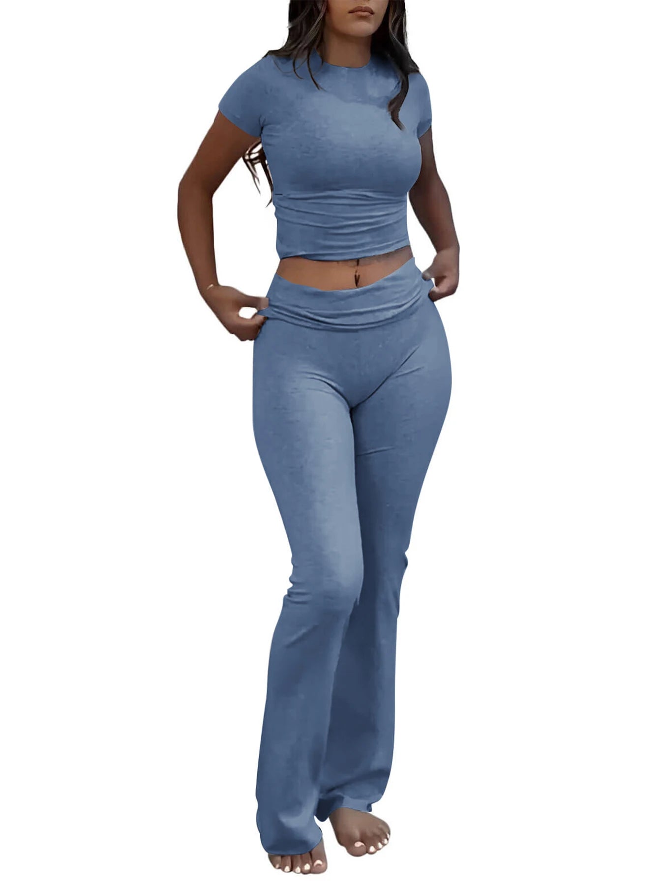 Casual Workout Two Piece Outfits for Women Short Sleeve Crop High Waist Foldover Flare Pants Tracksuit Sets Streetwear Majesty Me