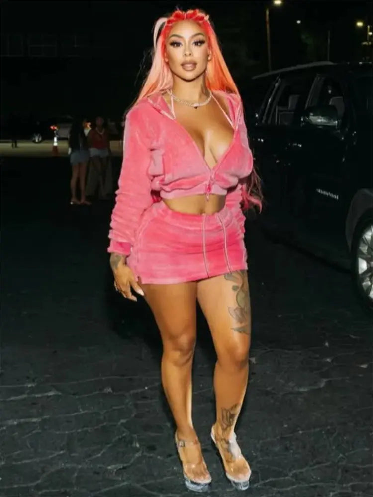 Velvet Hooded Two-Piece Set – Women’s Zip Crop Jacket & Split Drawstring Skirt | Luxury Streetwear Matching Outfit Majesty Me Streetwear™