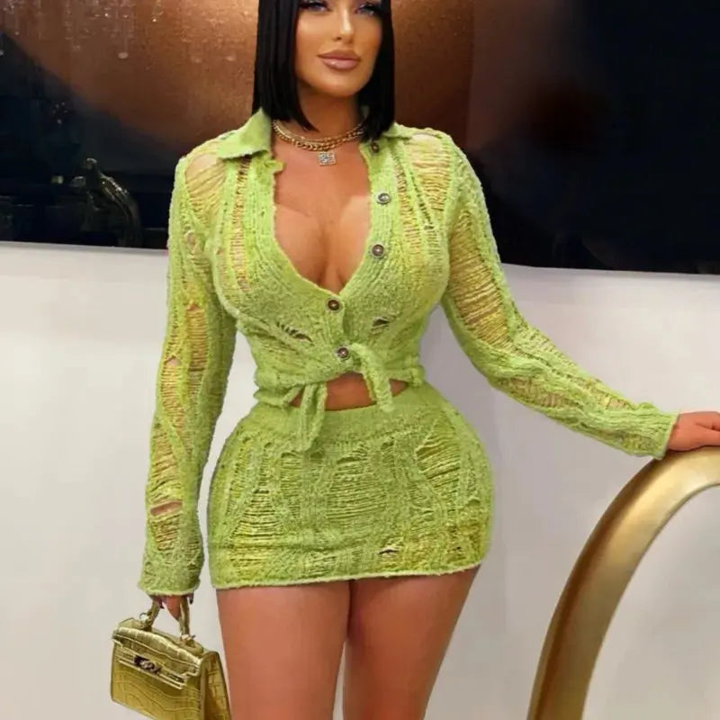 Golden Hour Knit” Two-Piece Set – Long Sleeve Cut-Out Top + Mini Skirt Outfit Majesty Me Streetwear™