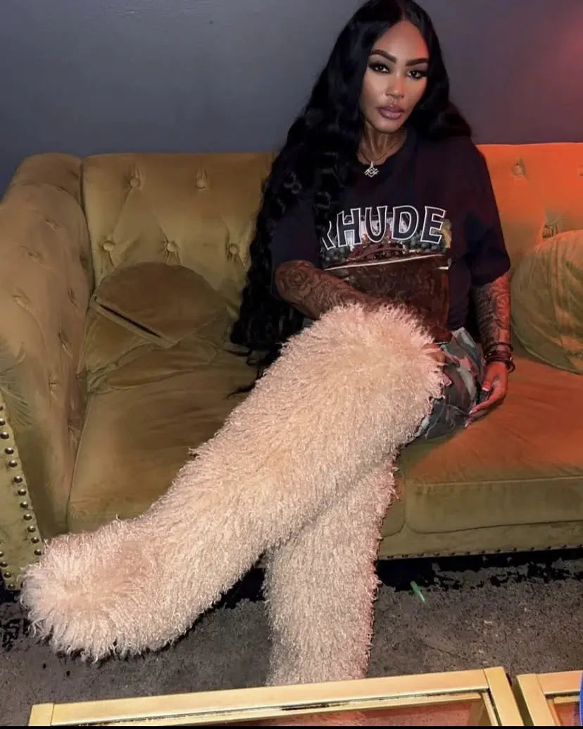 Royal Frost” Thigh-High Fur Boots – Luxe Mongolian Fox Snow Boots for the Modern It-Girl Majesty Me Streetwear™