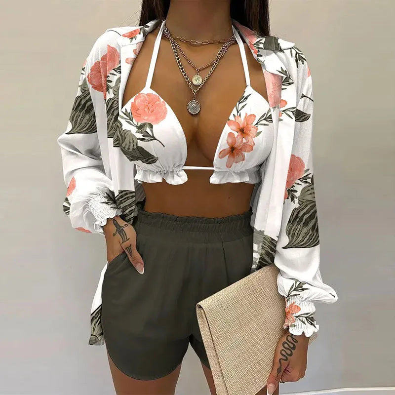 Fashion Print Short Three Piece Set Women Sexy Camisole Shirt Cardigan Shorts 3 Piece Sets Female Casual Beach Vacation Clothing Majesty Me