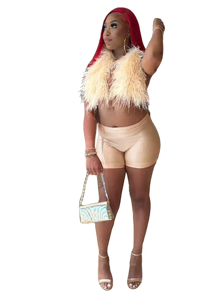 Luxury Fur Patchwork 2 Pieces Set for Woman Outfit Summer 2025 New Tank Top and Stretch Shorts Midnight Club Wear Party Suits Majesty Me