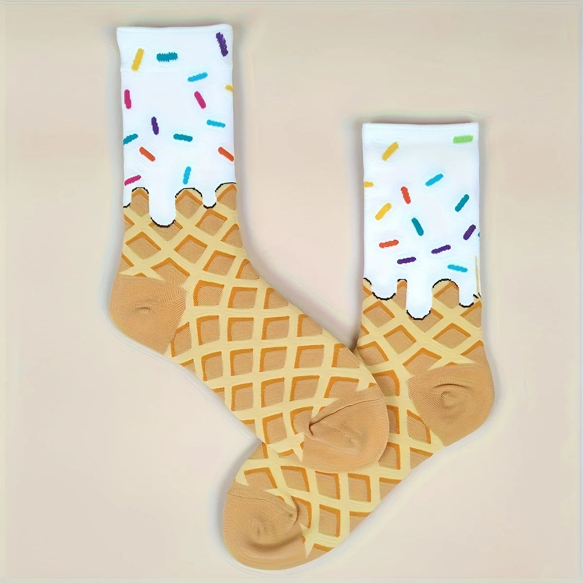 1 pair Waffle & Frosting Fun Mid-Calf Socks， Unisex Colorful Sprinkle Pattern Trendy Casual Socks Majesty Me