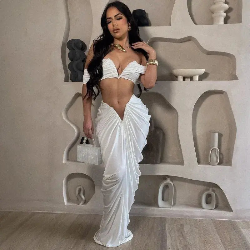 “Midnight Allure” Two-Piece Ruched Maxi Set – Off-Shoulder Crop Top & Long Skirt Party Outfit Majesty Me