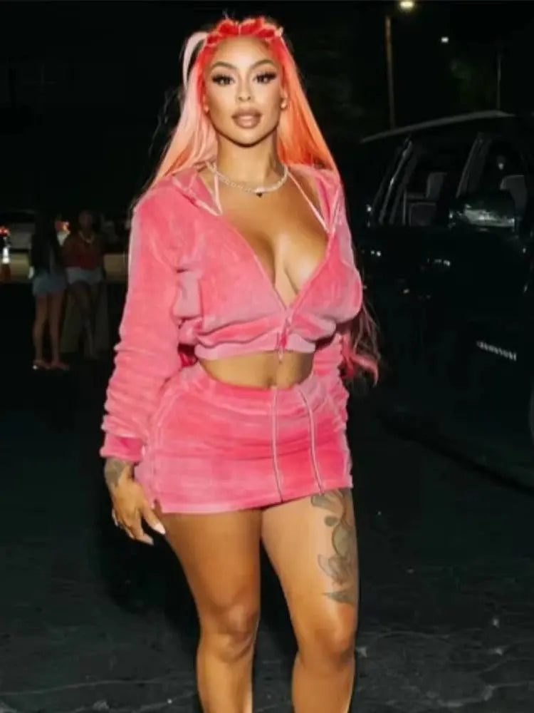 Velvet Hooded Two-Piece Set – Women’s Zip Crop Jacket & Split Drawstring Skirt | Luxury Streetwear Matching Outfit Majesty Me Streetwear™