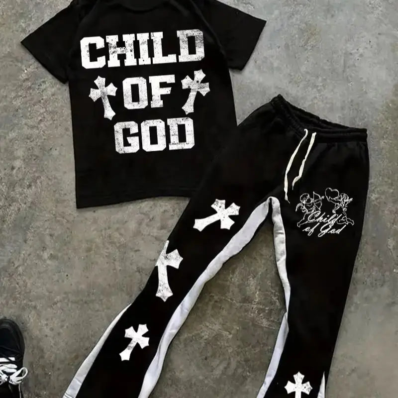 Men's Fashionable and Trendy Street Micro-flare Pants Set with Bold Color-blocking and Gothic Cross and Alphabet Prints Majesty Me