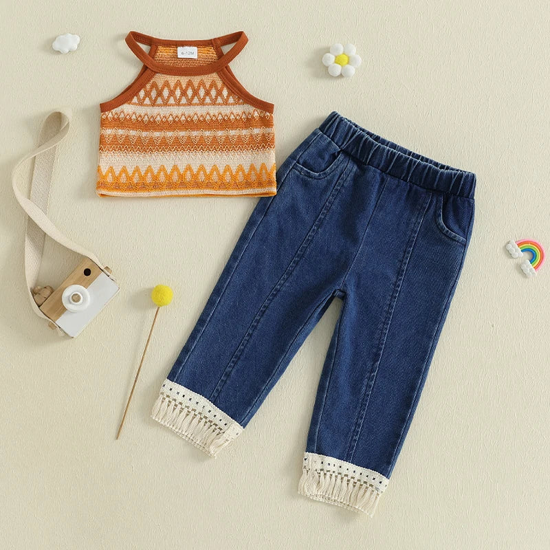 Girls Sleeveless Knit Top and Elastic Waist Tassel Jeans Set Summer Outfit with Camisole for Kids Majesty Me