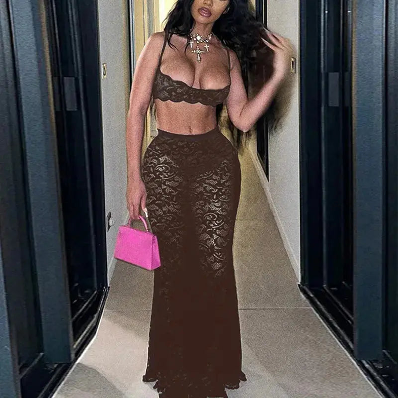 Midnight Muse Lace Two-Piece Set – Sheer Camisole Crop Top & Bodycon Maxi Skirt | Sexy Clubwear & Vacation Outfit Majesty Me Streetwear™