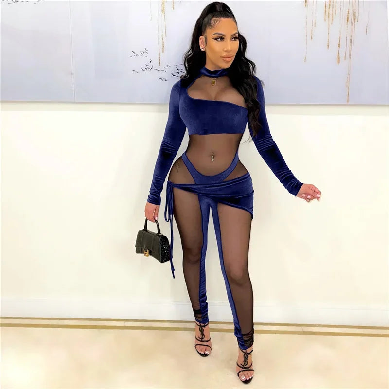 Sexy See-through Mesh Patchwork Velvet Jumpsuit Women Clubwear Long Sleeve Rompers Womens Jumpsuit Bodycon Overalls for Women Majesty Me