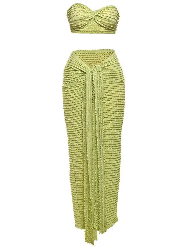 Nibber Elegant Stacked Folds Two Piece Set Women Solid Thin Strapless Chest Tops+Slim Skirts Female Streetwear Matching Suit Majesty Me