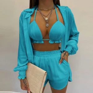 Fashion Print Short Three Piece Set Women Sexy Camisole Shirt Cardigan Shorts 3 Piece Sets Female Casual Beach Vacation Clothing Majesty Me