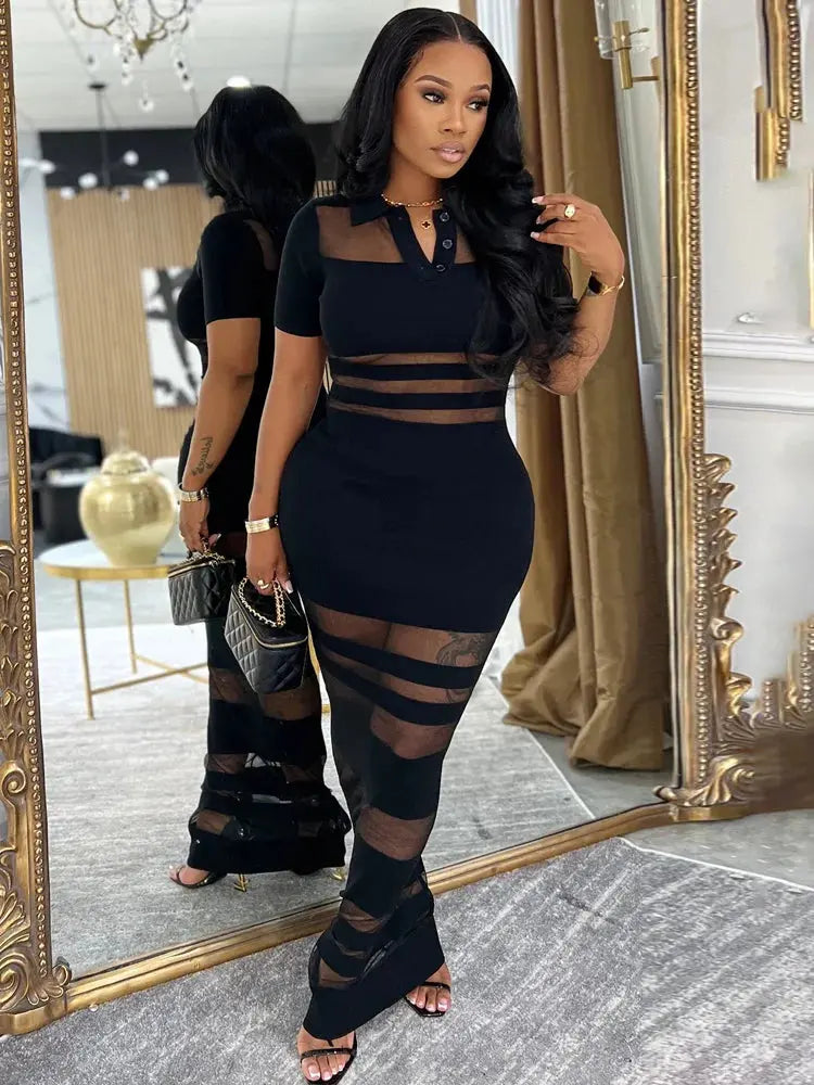 Women’s Striped Sheer Maxi Polo Dress – Lightweight Long Sleeve Layered Dress Majesty Me Streetwear™