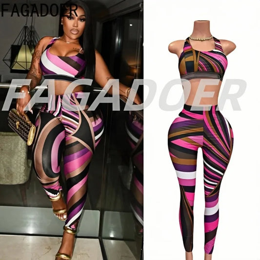 FAGADOER Summer New Fashion 2 Pieces Set for Woman Colorful Print Halter Sleeveless Tops + Leggings Pants Female Midnight Outfit Majesty Me