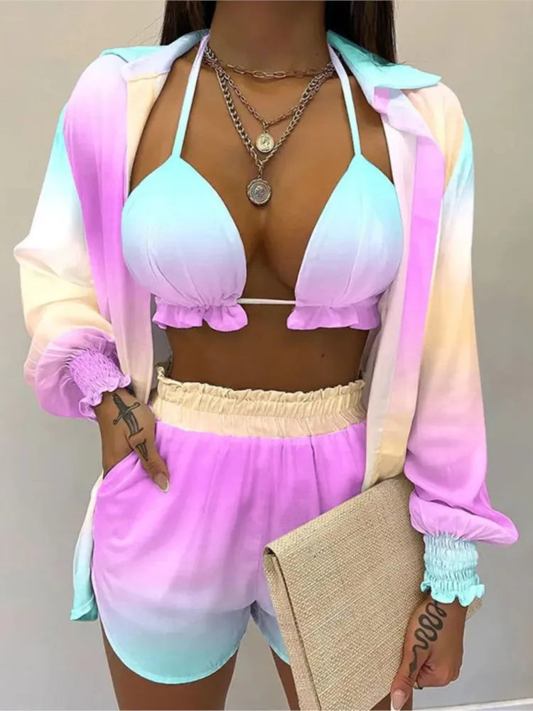 Fashion Print Short Three Piece Set Women Sexy Camisole Shirt Cardigan Shorts 3 Piece Sets Female Casual Beach Vacation Clothing Majesty Me