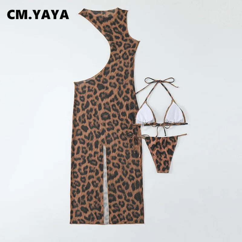 CM.YAYA Women Beach Bikini Set with Cutout Leopard Printed Sexy Long Bodycon Swimsuit Three 2 Piece Set Swimwear Bathing Suit Majesty Me