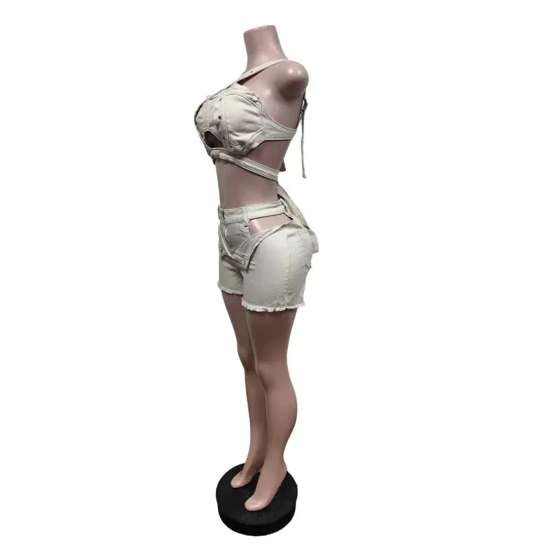 Denim Dream Two-Piece Set – Women’s Strap Vest Crop Top & Pocket Shorts | Sexy Streetwear Summer Outfit 2025 Majesty Me Streetwear™