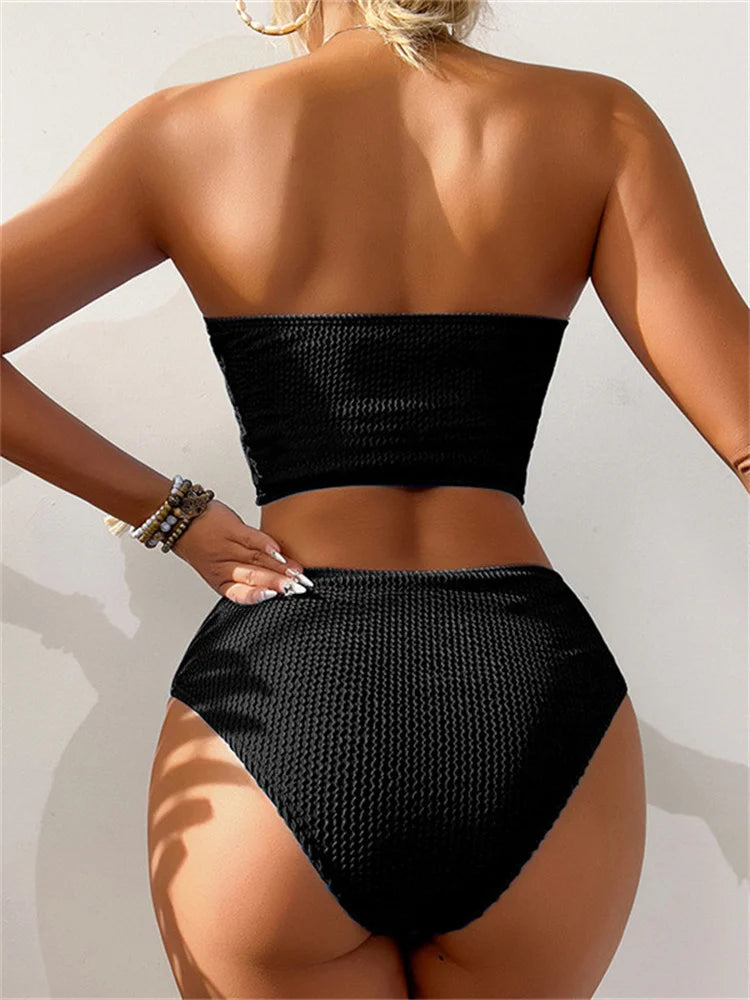 Sexy Bandeau Bikini 2025 Mujer Women Black Ribbed Push Up High Waist Swimsuit Summer Beach Bathing Suit Holiday Swimwear Biquini Majesty Me
