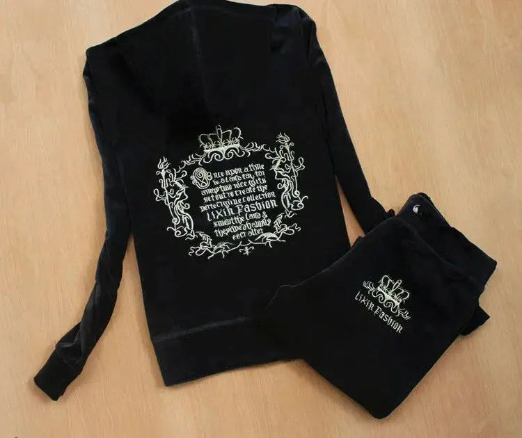 Jay Cee Velvet Crown Tracksuit – 2025 Spring Fall Women’s 2-Piece Set | Elegant Velour Sweatsuit with Royal Detailing Majesty Me