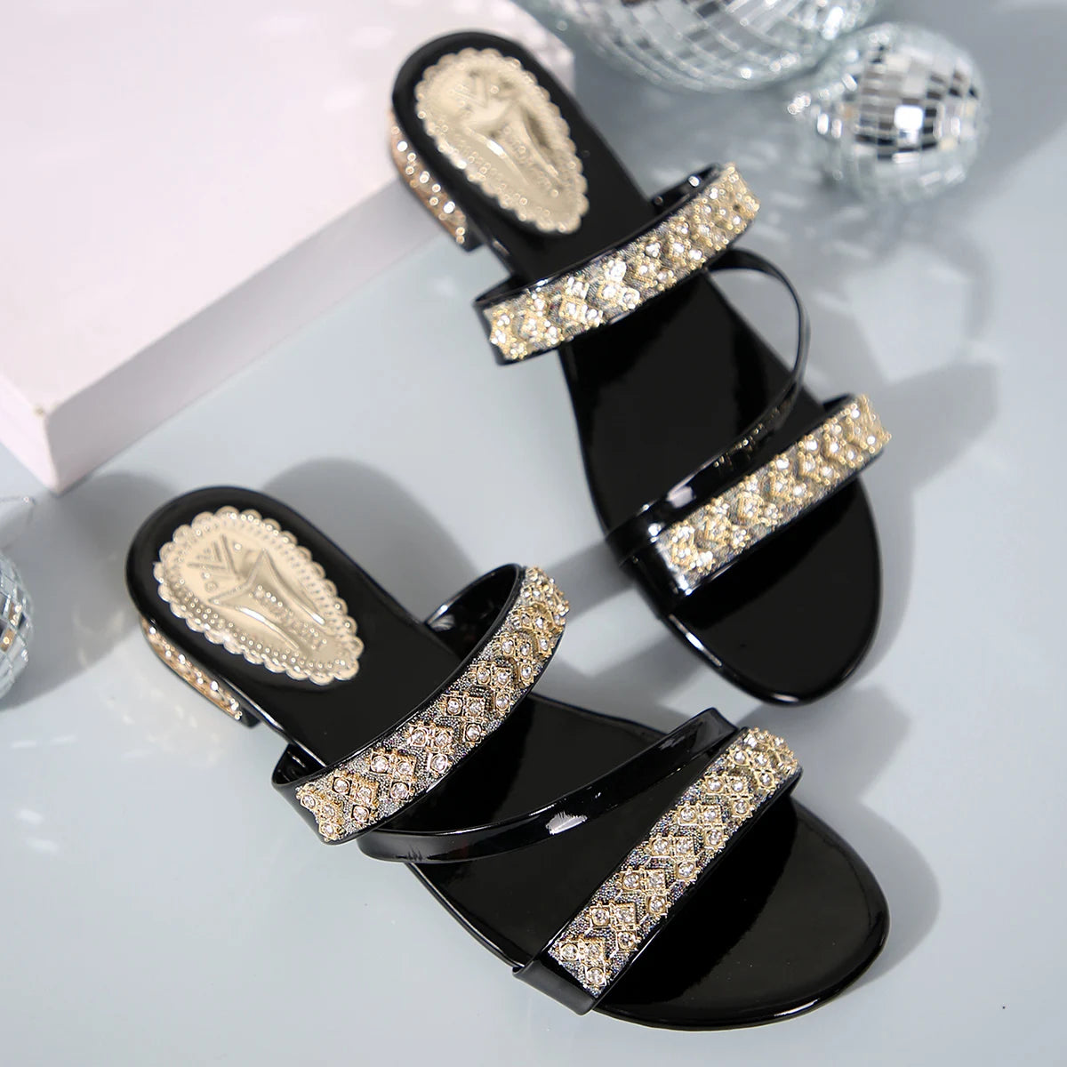 Summer New Women Slippers Medium Heel Thick Heel Slippers Open Toe High Heel Rhinestones Shoes Lightweight Sandals Slides Women Majesty Me