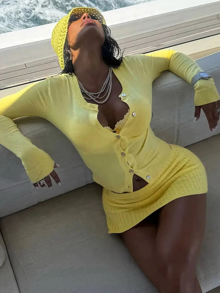 “Sweet Intentions” Knit Set – Button-Up Long Sleeve Top & Sheer Mini Skirt Majesty Me Streetwear™