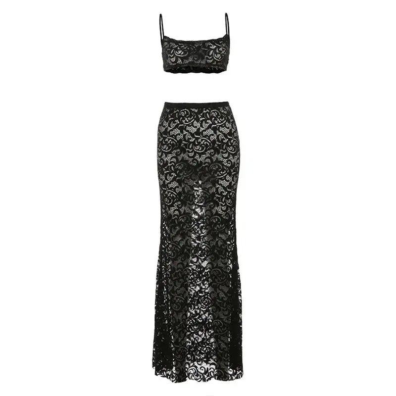 Midnight Muse Lace Two-Piece Set – Sheer Camisole Crop Top & Bodycon Maxi Skirt | Sexy Clubwear & Vacation Outfit Majesty Me Streetwear™